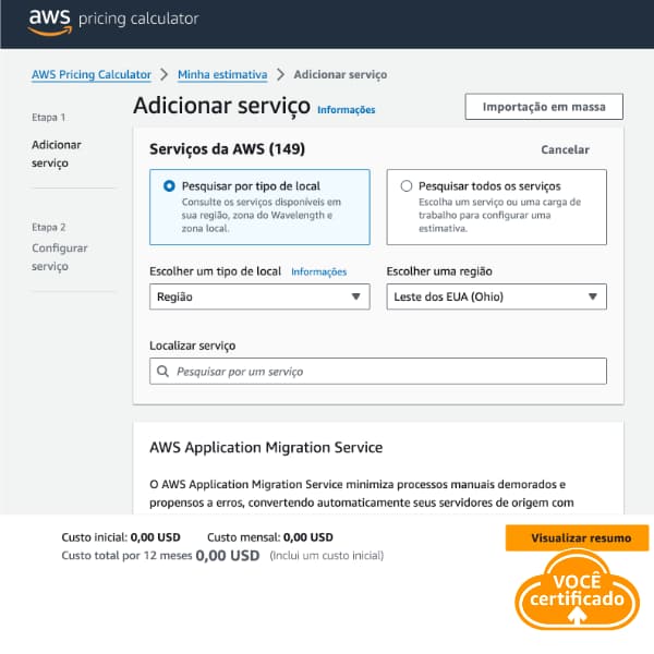 Adicionar serviços com o Pricing Calculator