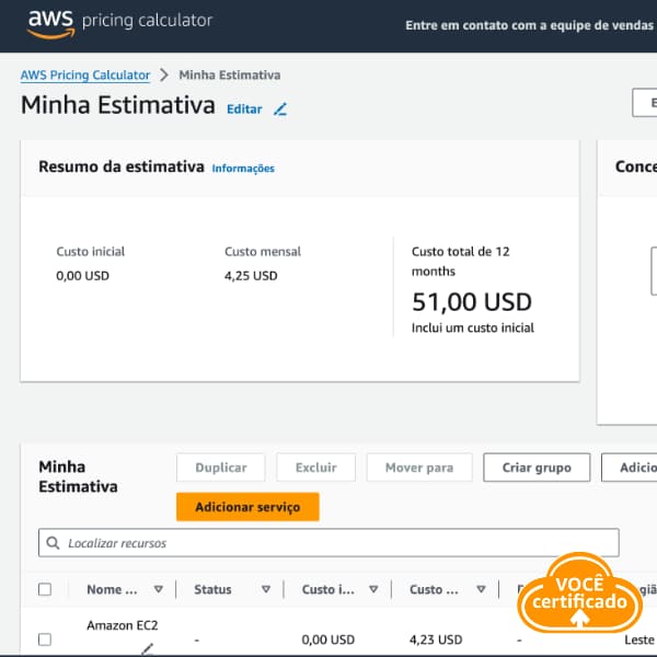 aws pricing calculator Estimativa