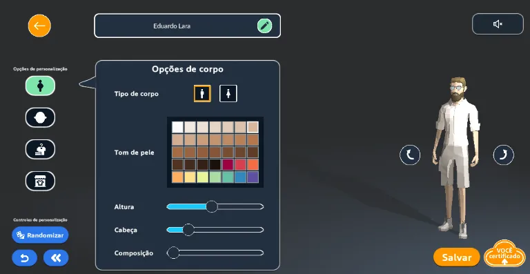 Menu de criação do avatar no jogo AWS Cloud Quest