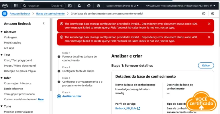 GenAI Practitioner: Erro 400 na criação da base de conhecimento no Amazon Bedrock