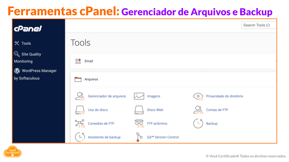 Ferramentas cPanel com Gerenciador de Arquivos e Backup