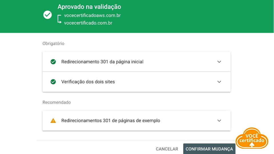 Google Search Console Aprovando Mudança do Endereço