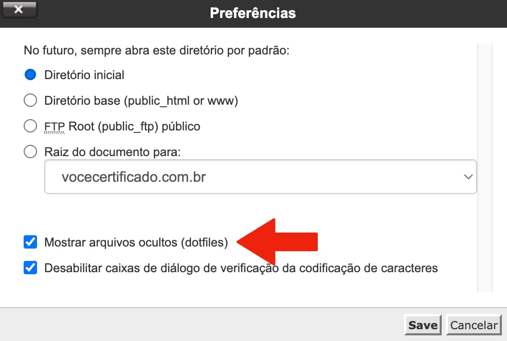 Preferências para mostrar arquivos ocultos no Gerenciador de Arquivos do cPanel