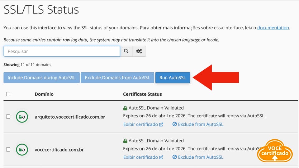 Run AutoSSL no cPanel