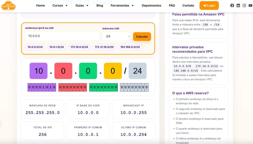 Calculadora CIDR calculando o intervalo da sub-rede