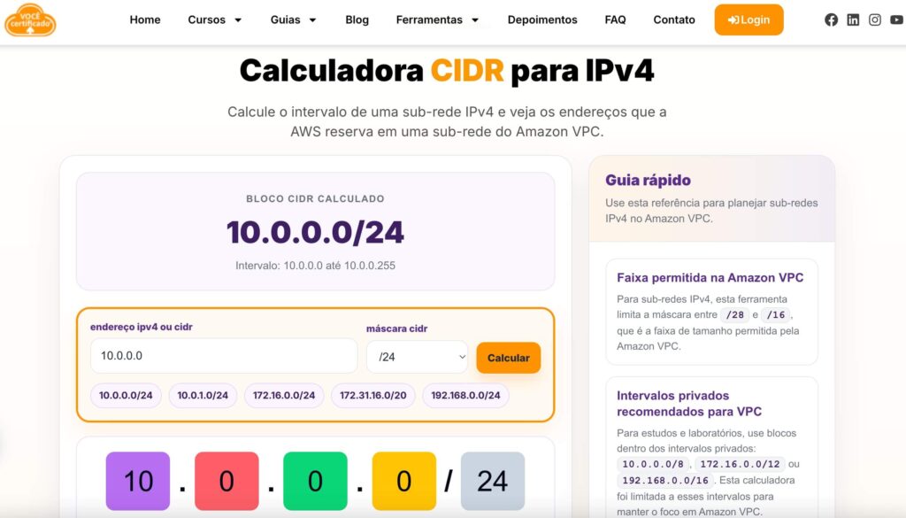 Calculadora CIDR IPv4 da Você Certificado