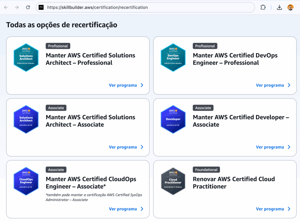 Exemplos de certificações disponíveis para manutenção