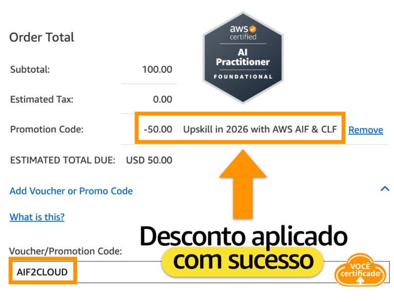 Voucher AIF2CLOUD concedendo desconto no exame AWS Certified AI Practitioner