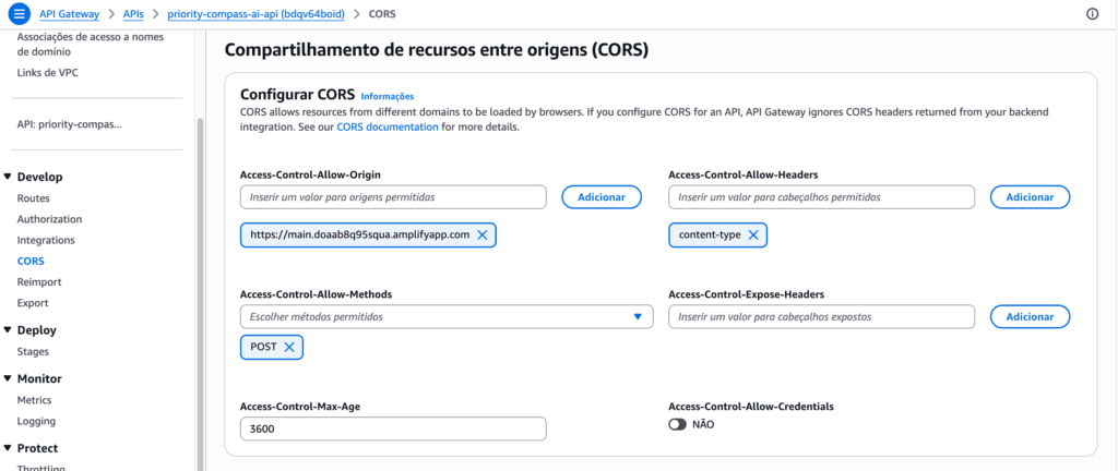 Configurações de CORS no API Gateway