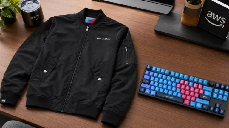 Imagem ilustrativa com a jaqueta e o teclado AWS Builder